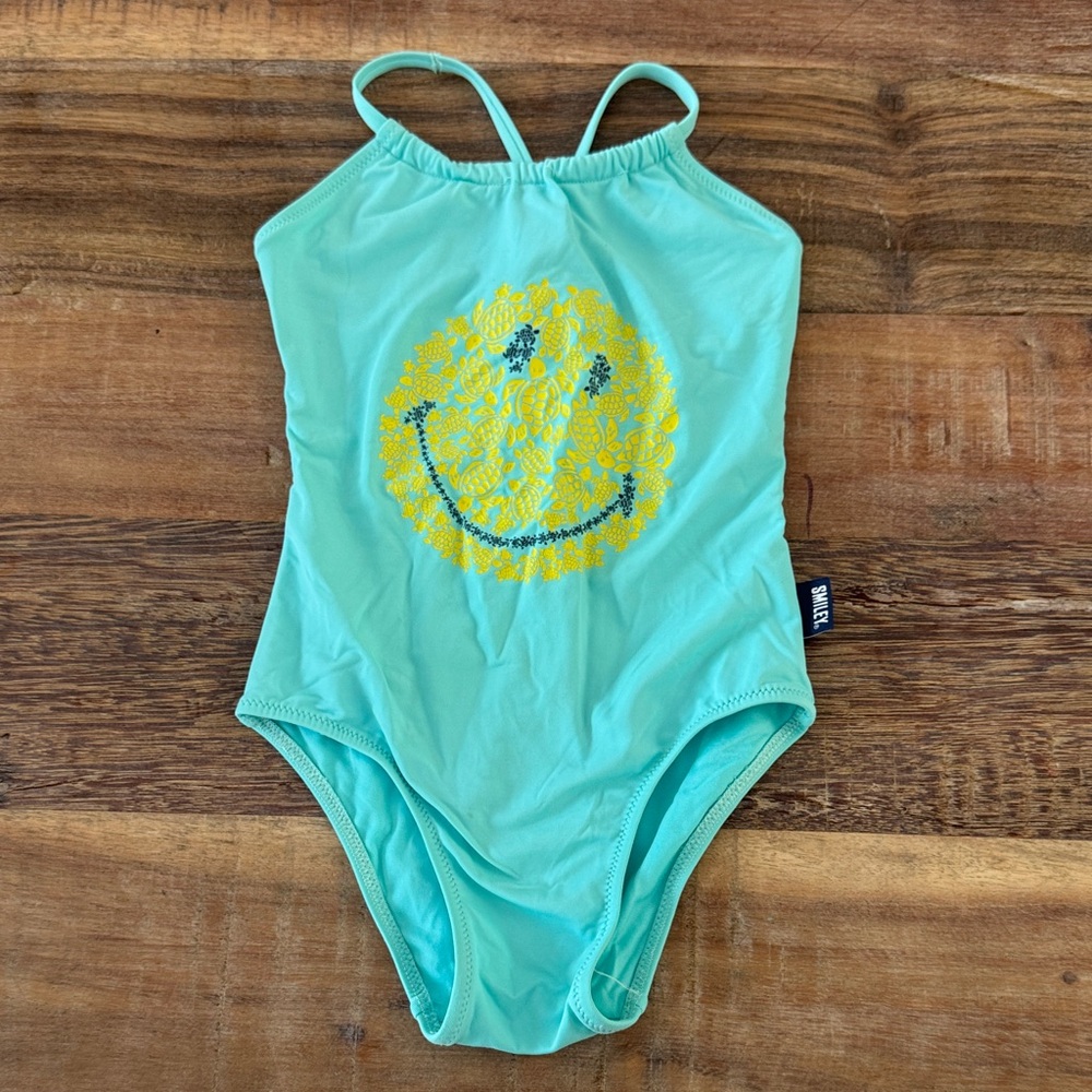 Vilebrequin x Smiley Turquoise Kids Swim One Piece with Yellow Smiley